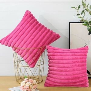 Set 2 Pink Throw Pillows Faux Fur Ribbed Soft Home Bed Decor